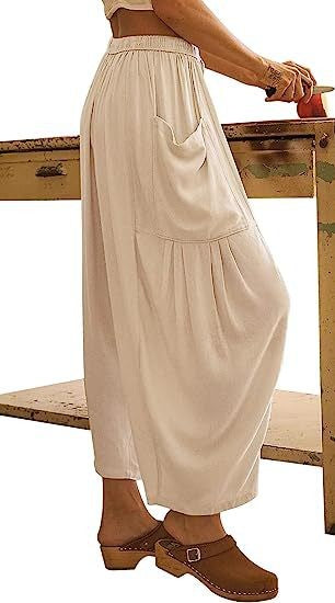 Women's Stretched-waist Pleated High-waisted Wide-leg Trousers Spring Autumn Fashion Cotton Linen Pocket Casual Trousers Woman