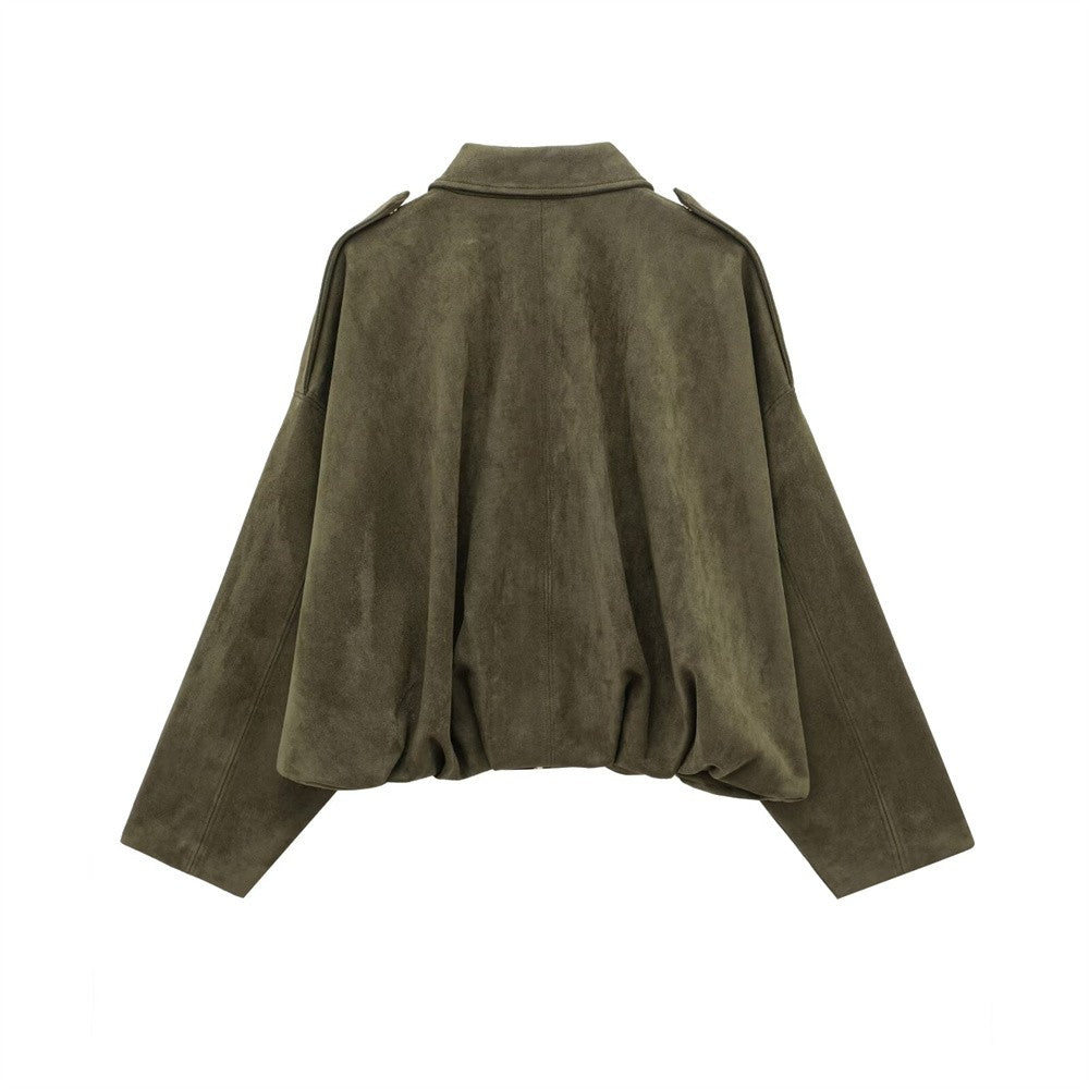 2025 Women Faux Suede Collared Jacket with Shoulder Straps Loose Fit Stylish Olive Green for Sale on