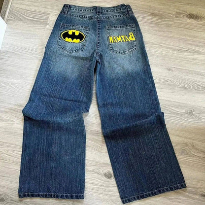 Harajuku Hip Hop Cartoon Letter Embroidery Retro Blue Baggy Jeans Mens Womens Jeans Rock Low Waist Wide Leg Trousers Y2K Clothes