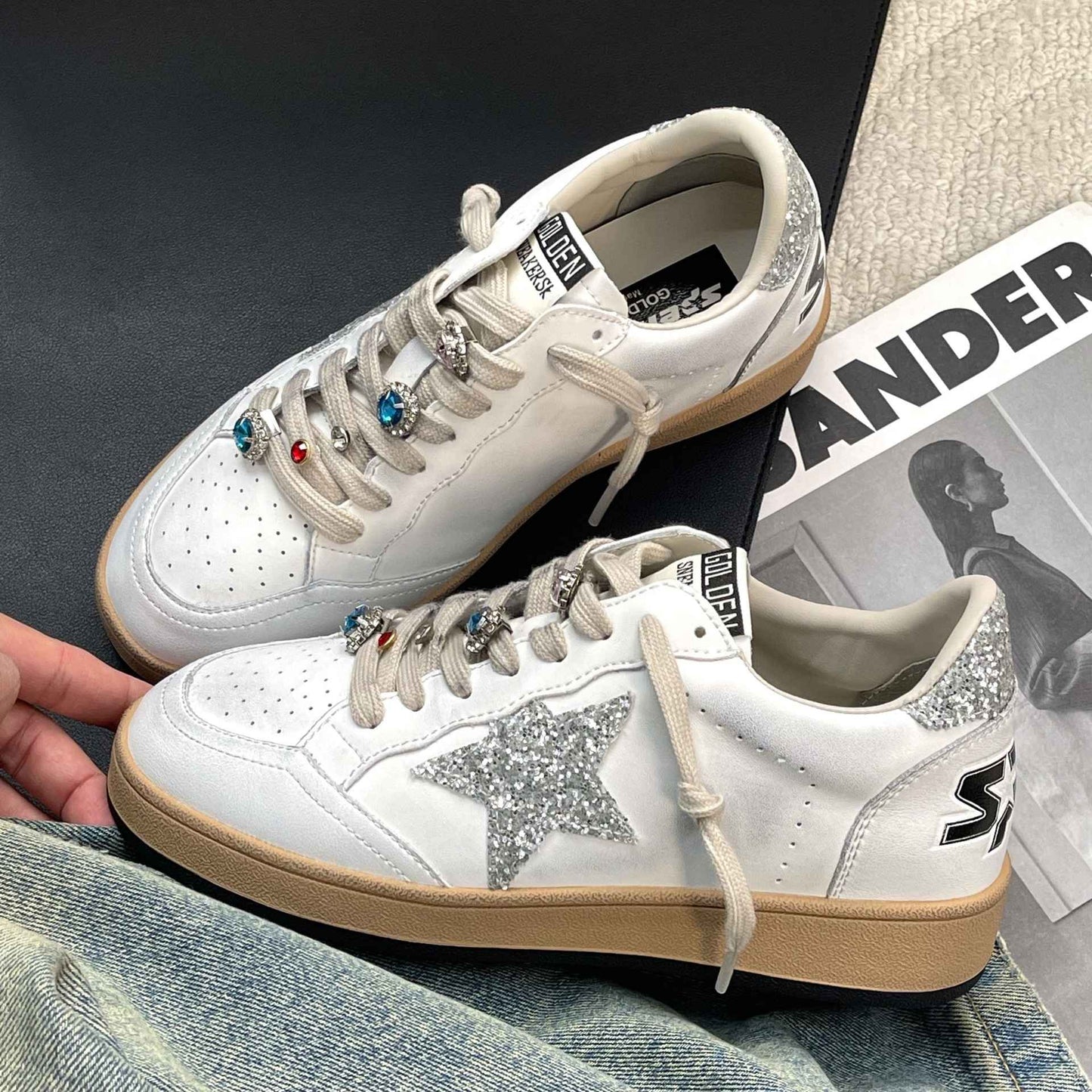 Sapatilhas de Couro Casual de Porco com Estrela Patchwork Cores Esfregadas Estilo Colegial Feminino Branco Antigo
