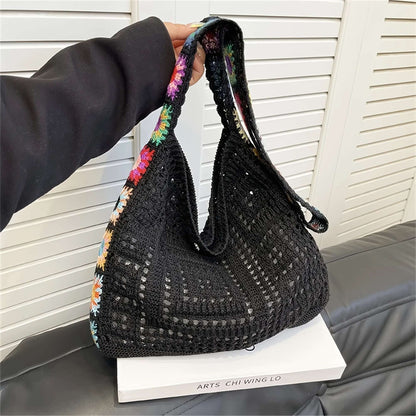 Women's Boho Crochet Bag Designer Flowers Knitted Handbags Large Capacity Summer Beach Woven Shoulder Bag Girls Tote Shopper Bag