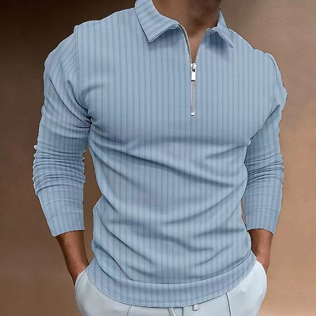 2024 New Men's Autumn And Winter Solid Color Lapel Leisure Sports Polo Shirt Zipper Striped Long Sleeve High Elasticity