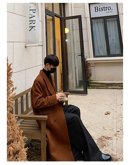 Mauroicardi Autumn Winter Long Warm Coffee Black Soft Woolen Coat Men Double Breasted Loose Casual Wool Blends Overcoat 2023