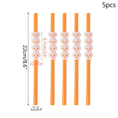 5Pcs Halloween Straws Reusable Plastic Pumpkin Skull Straw 2025 Halloween Bar Party Decoration Supplies Beverage Ornaments