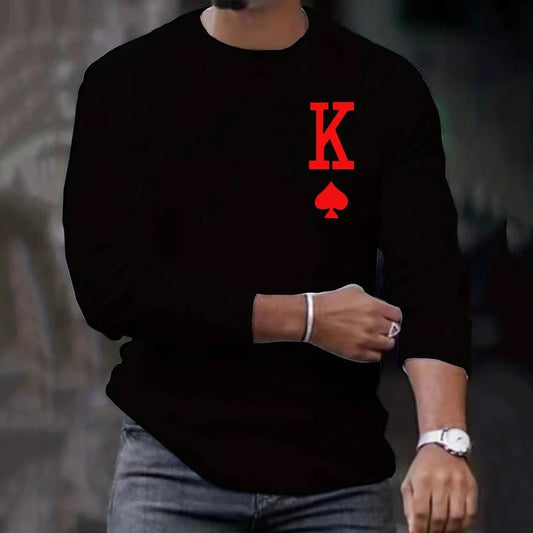 2024 New Arrival Fashion Men's Long Sleeve T-shirts Poker Printed Loose O-neck Tops Oversized Daily T Shirt For Men
