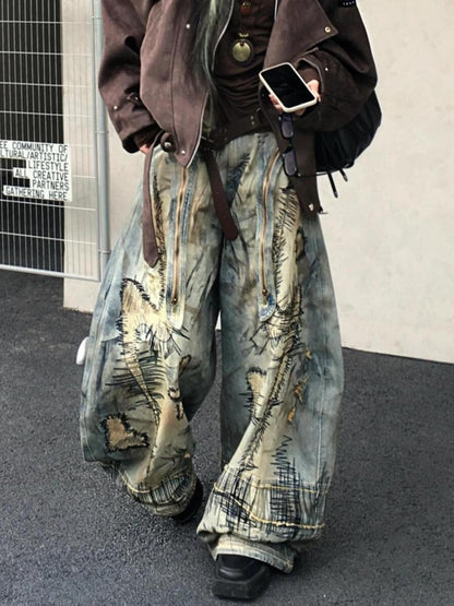 American Street Destruction Style Embroidered Denim Pants Oversized Retro Wash Personality Fashion Loose Casual Wide Leg Jeans