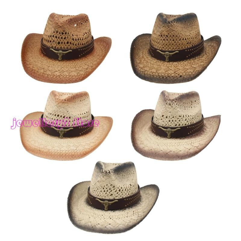 C9GF Straw Cowboy Hats With Wide Brims Cap For Adults Children And Outdoor Event