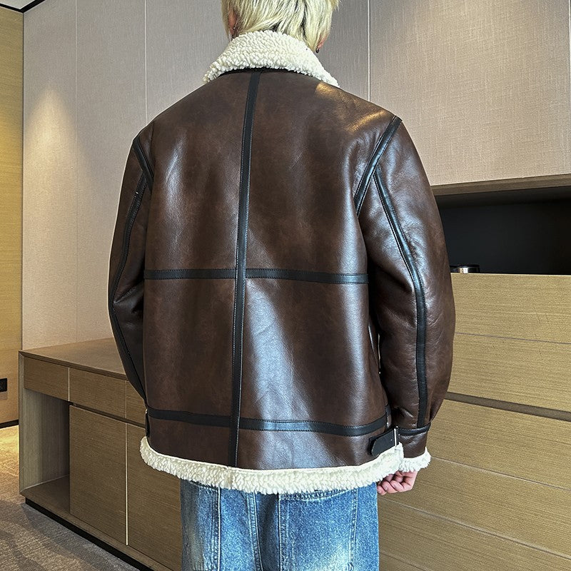 Autumn and winter warm thick leather jacket for men's trendy slim fit lapel motorcycle suit men's leather jacket