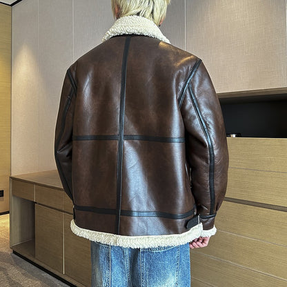 Autumn and winter warm thick leather jacket for men's trendy slim fit lapel motorcycle suit men's leather jacket