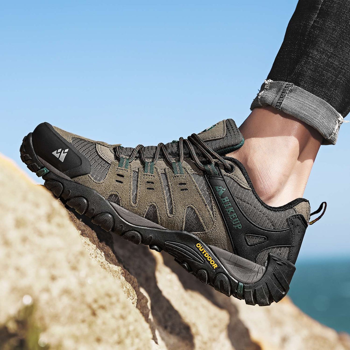 HIKEUP Tênis Masculino de Caminhada em Couro Camurça, Calçados Outdoor Resistentes ao Desgaste Masculinos para Trekking, Caminhada, Caça e Tênis Táticos