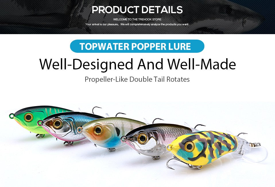 Iscas de Pesca TREHOOK 9g/16g de Superfície Whopper Popper Cauda de Hélice Dupla Giratória Isca Artificial Flutuante