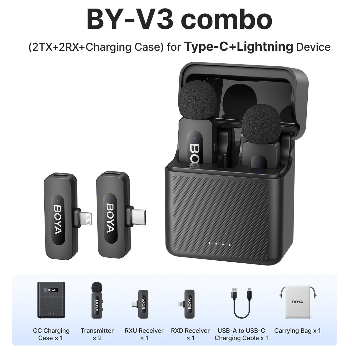 BOYA BY-V3 Microfone de Lapela Sem Fio com Cancelamento de Ruído Recarregável para iPhone Android Câmera Transmissão ao Vivo Vlogging
