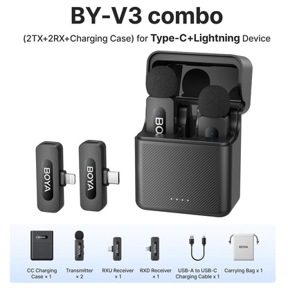 BOYA BY-V3 Microfone de Lapela Sem Fio com Cancelamento de Ruído Recarregável para iPhone Android Câmera Transmissão ao Vivo Vlogging