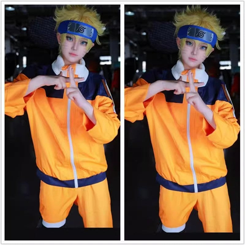 Uzumaki Cosplay Costume Orange Clothes with Headband & Kunai Pouch Pre-Shippuden Genin Ninja Outfit Blonde Wig Unisex Adult Hall