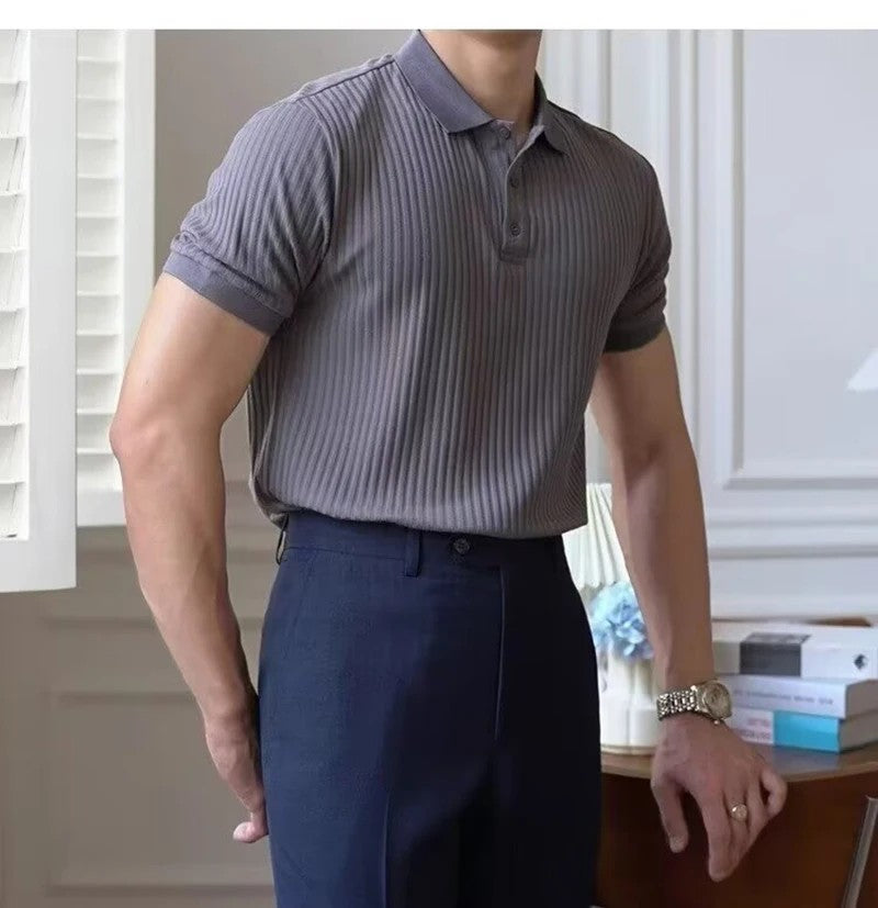 New Vertical Stripe Knit Polo Men's Shirts Summer Slim Solid Color Breathable Turn-Down Collar Business Short Sleeve Polo Tops