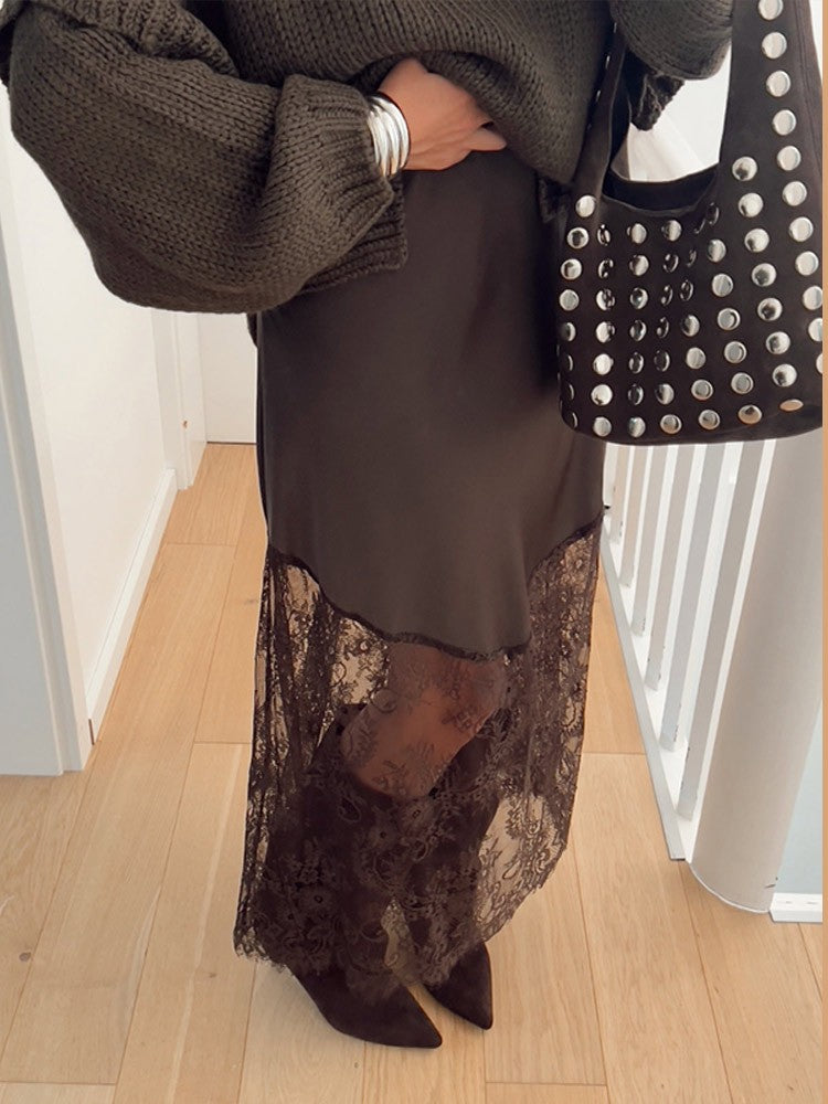 Satin Skirts Women Loose High Waist Patchwork Lace See Through Skirt Female 2025 Chic Solid Sexy Elegant Streetwears