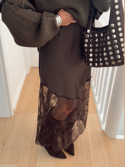 Satin Skirts Women Loose High Waist Patchwork Lace See Through Skirt Female 2025 Chic Solid Sexy Elegant Streetwears