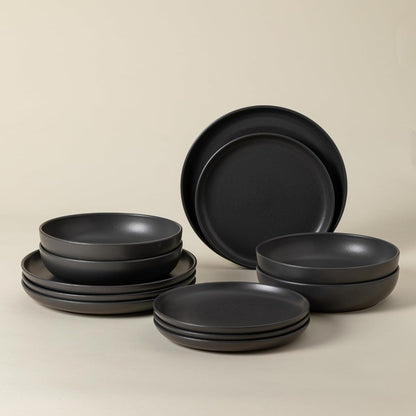 Ceramic Stoneware 12-Piece Place Setting Service for 4 - Pacifica Collection, Seed grey | Microwave & Dishwasher Safe Dinnerwar