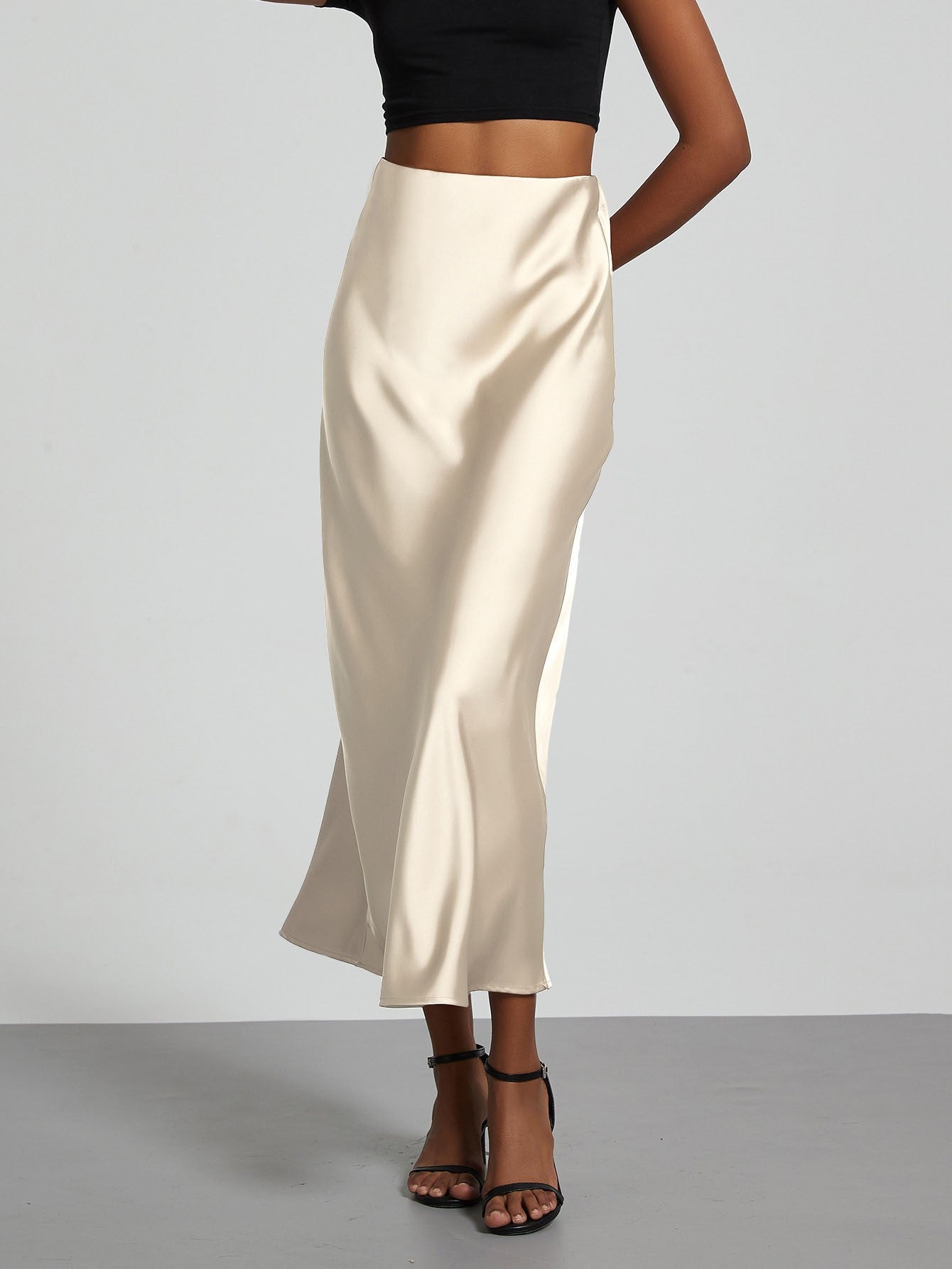Fashion Satin Party Long Skirt High Waist Solid Color Casual Basic Women Skirts