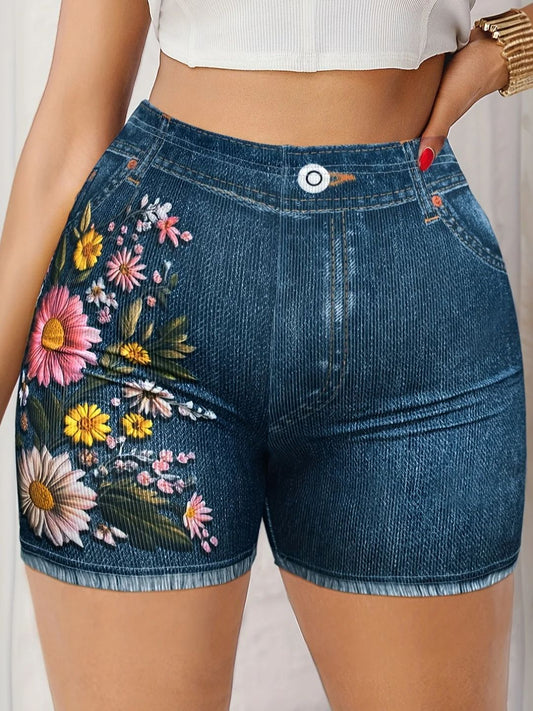 Women's Stretch Denim Like Shorts with Floral Print Design Casual  Versatile Summer Style