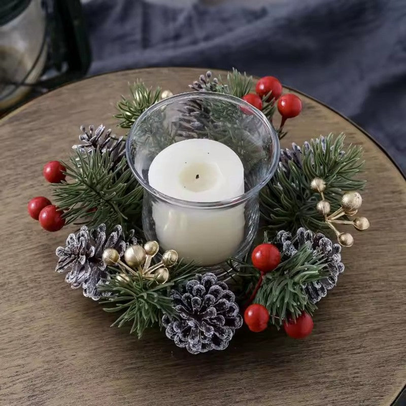 1/2pcs Christmas Candle Holders with Artificial Pine Branches & Berries New Year Tabletop Home Decorations Candle Wreath Gifts