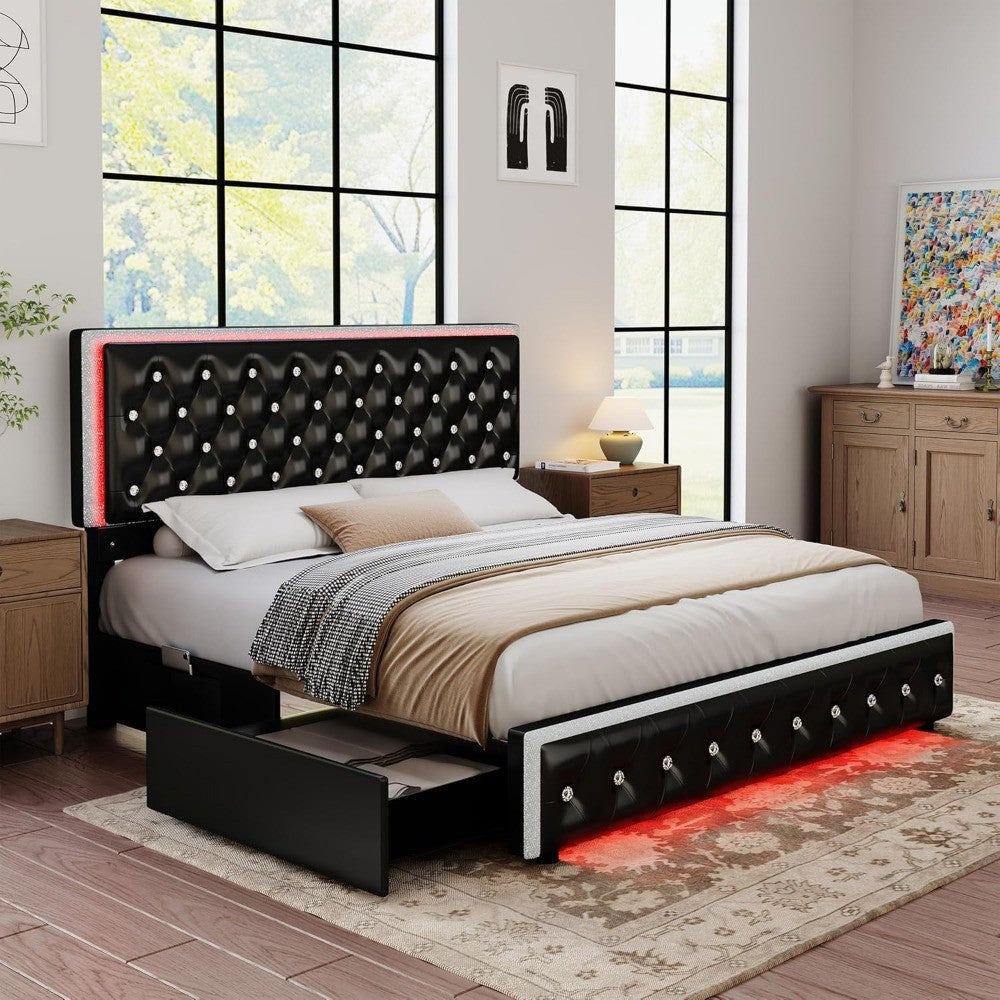 LED Bed Frame with 2 Drawers, PU Leather Platform Bed with Diamond Tufted Headboard Footboard and 2 Side Pockets, M