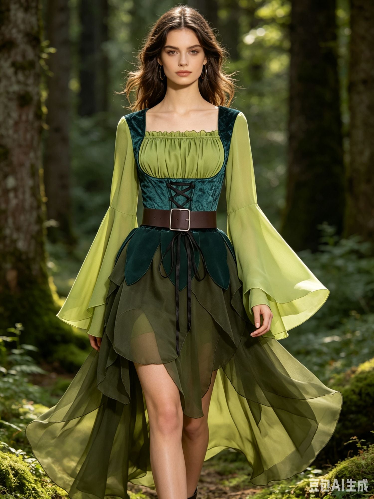 Women's Elf Medieval Green Fairy Dress Magical Elf Dress and Belt with Wings Halloween Cosplay Costumes Elf Cosplay costume