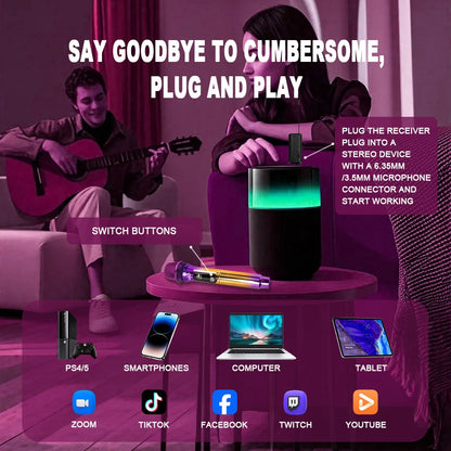 Sistema de Microfone Sem Fio para Karaokê e DJ, Profissional, 2 Canais, com Microfone Roxo Colorido e Receptor Sem Fio Recarregável para Festas e DJs