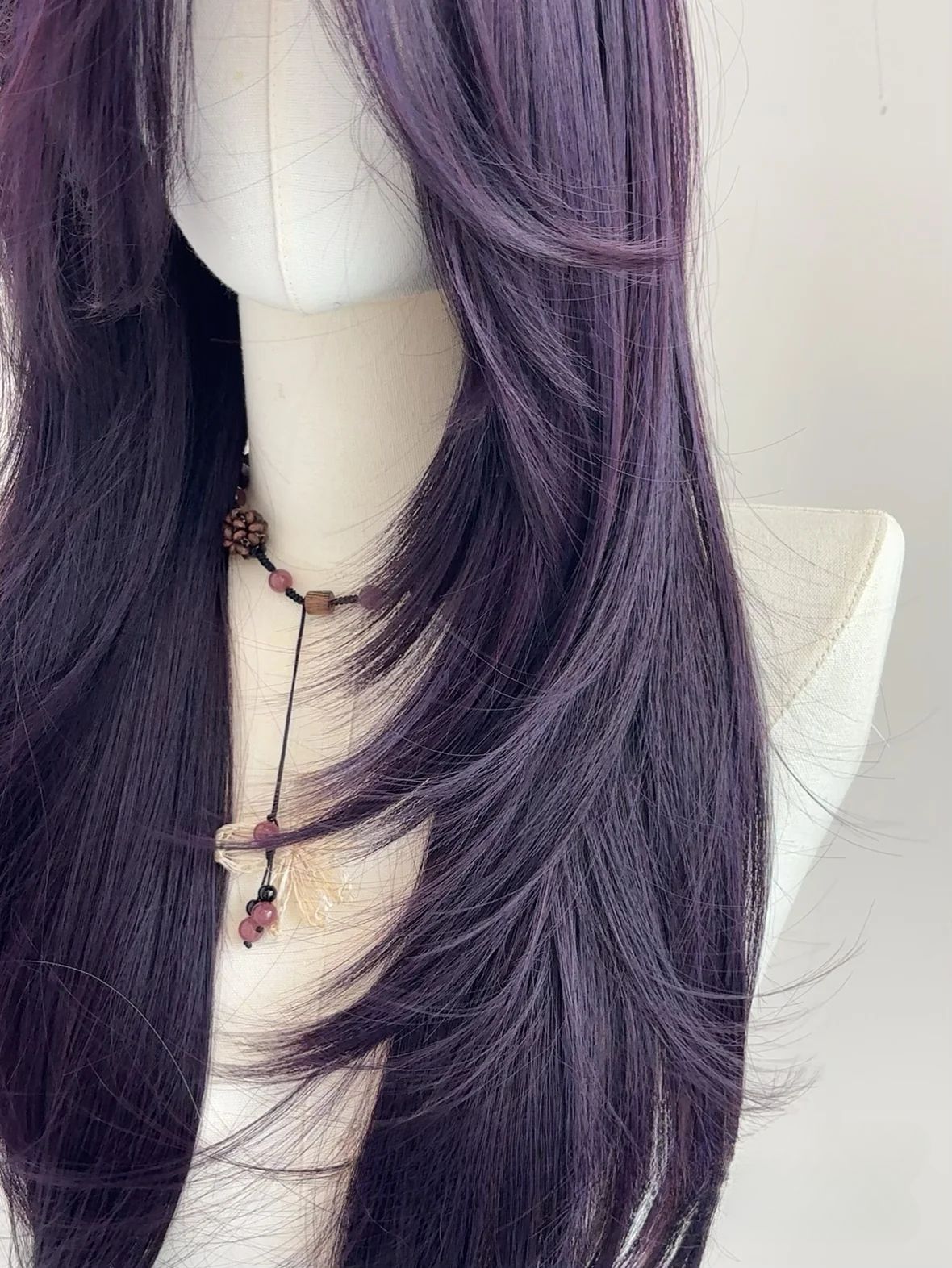 Peruca Ashely Roxo Escuro Feminina 55 cm Cabelo Longo Franja Cortina Camadas Liso Natural Cabelo Sintético Cosplay Perucas Lolita