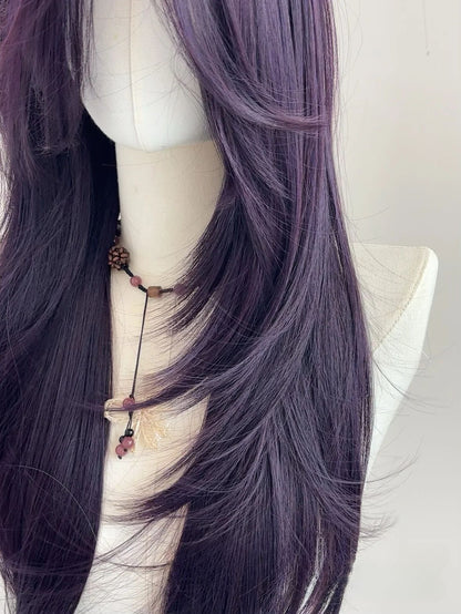 Peruca Ashely Roxo Escuro Feminina 55 cm Cabelo Longo Franja Cortina Camadas Liso Natural Cabelo Sintético Cosplay Perucas Lolita