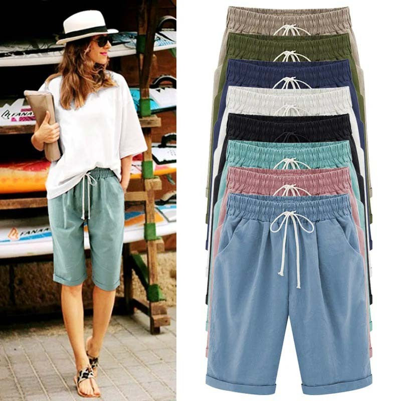 Women Cotton Shorts Casual High Waist Pocket Harem Pant Summer Cool Thin Beachwear Fashion Breathable Female Clothing