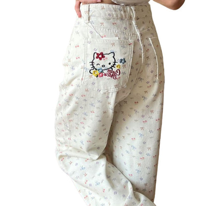 2025 New Women Beige Hello Kitty Floral Print Jeans High Waisted Wide Leg Straight Pants Casual Versatile Y2K Cute Fashion