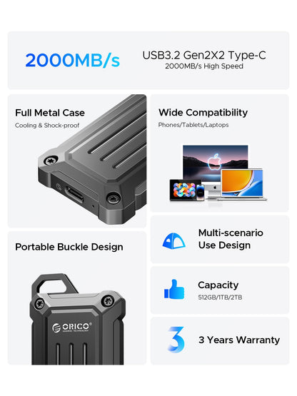 ORICO Portable SSD Up to 2000 MB/s USB 3.2 Gen 2 x 2 External Solid State Drive Water and Dust Resistance for Outdoors Zinc Allo