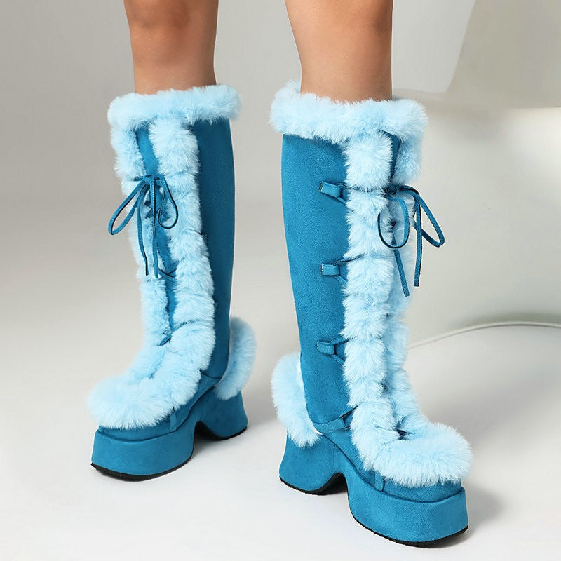 8CM Chunk Heels Winter Warm Knee High Boots Women Snow Short Plush Platform Boots Faux Fur Cosplay Lace-up Long Shoes Size 34-43
