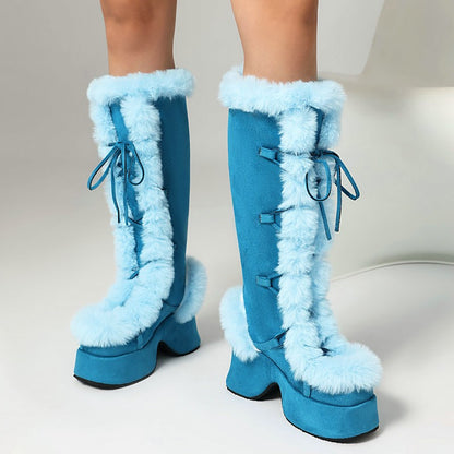 8CM Chunk Heels Winter Warm Knee High Boots Women Snow Short Plush Platform Boots Faux Fur Cosplay Lace-up Long Shoes Size 34-43