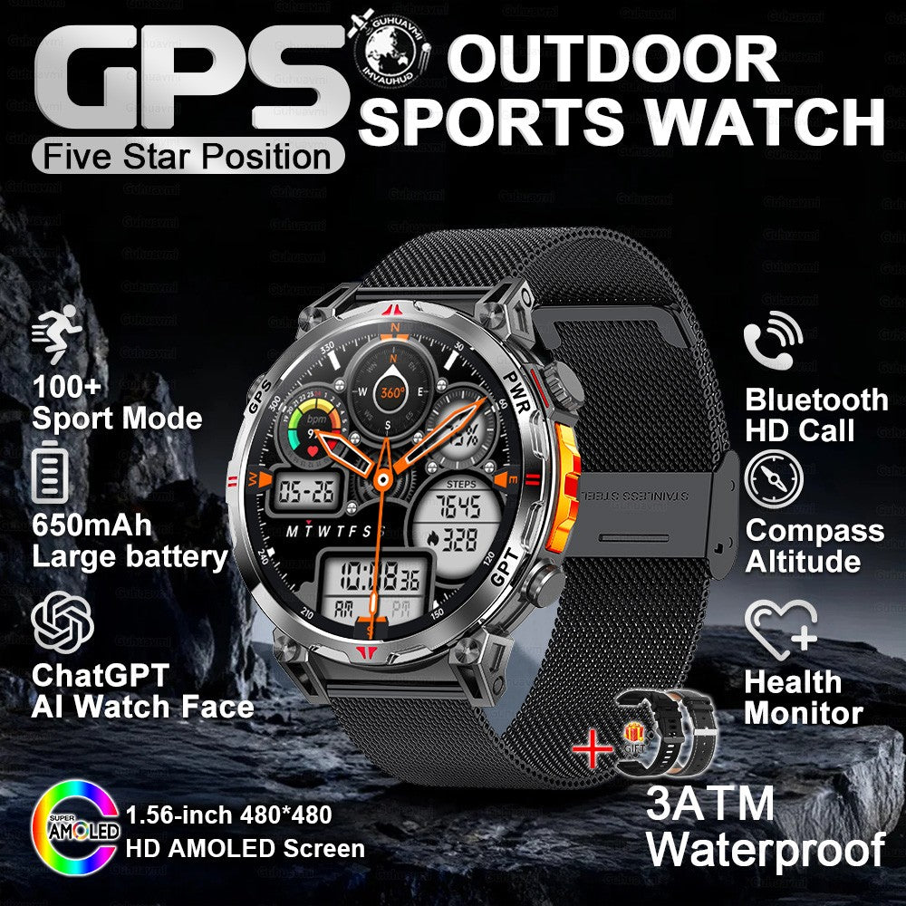 2025 Novo Relógio Inteligente Militar GPS para Exteriores Masculino 650mAh Bússola Altímetro 10ATM à Prova D'água Frequência Cardíaca Chamada Esportiva Smartwatch