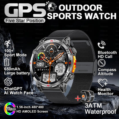 2025 Novo Relógio Inteligente Militar GPS para Exteriores Masculino 650mAh Bússola Altímetro 10ATM à Prova D'água Frequência Cardíaca Chamada Esportiva Smartwatch