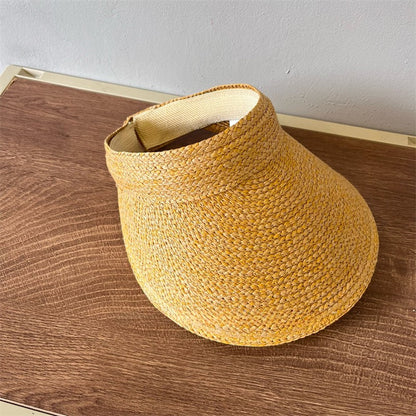 Chapéu de Sol Feminino USPOP de Verão com Aba Grande, Estilo Tiara de Ráfia, Casual e Aberto, para Praia