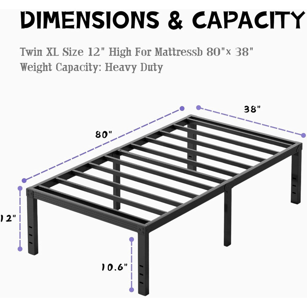 Bases de Cama Metálicas Twin XL de 30 cm de Altura, Estrutura de Cama Plataforma Twin XL Sem Necessidade de Box Spring, Fácil Montagem, Sem Ruído, Resistente, Preto