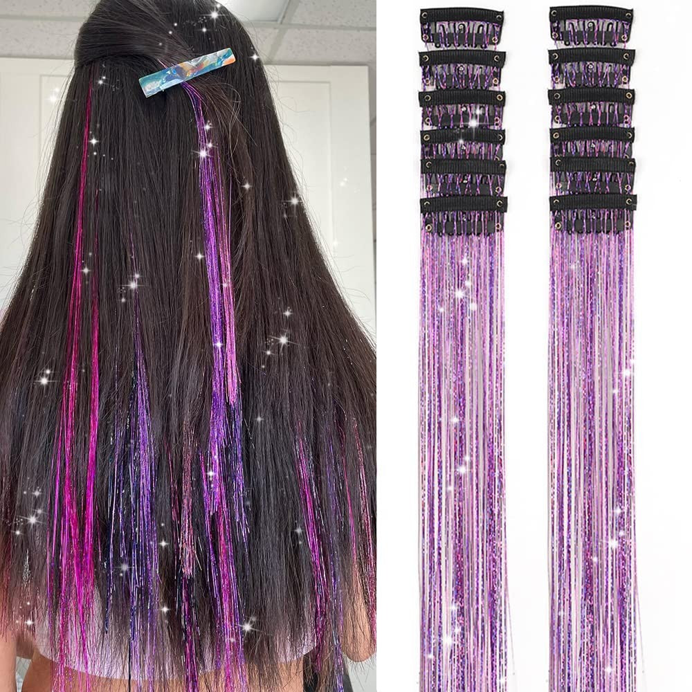 Pacote de 12 Unidades de Cabelo Extensor com Presilha, Tinsel Colorido com Brilho, Extensões de Cabelo de Fada, Acessório Cintilante para Festa de Mulheres, Meninas e Crianças