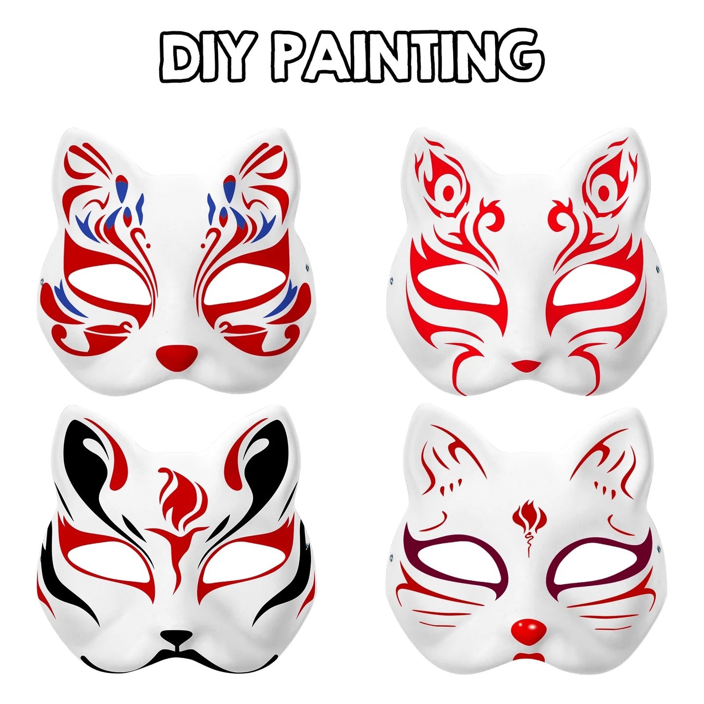 5PCS Therian Masks White Cat Masks Blank DIY Halloween Mask Animal Half Facemasks Masquerade Cosplay Party