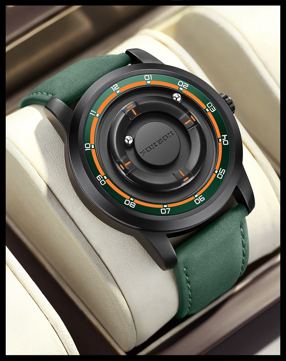FOXBOX Fashion Unique Dial Man Watch Leather Casual Sports Srolling Bead Magnetic Force Waterproof Quartz Watches for Men Clocks