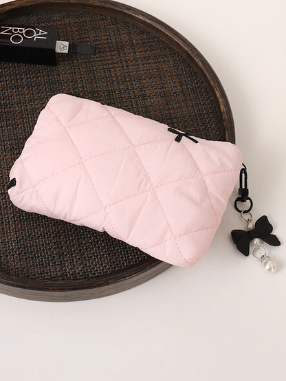 Simple bow quilted clutch, portable everyday small item pouch for lipstick, earphones, and change, soft travel makeup bag