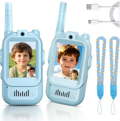 2Pcs Video Walkie Talkies for Kids 2-inch Video Intercom Rechargeable Voice Fonts One-Click Call Cartoon Intercom Toys Gift