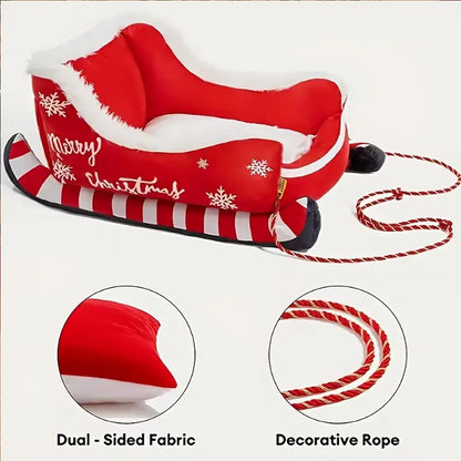 Cama Trenó de Natal Sofá Quente para Animais de Estimação de Pelúcia Removível e Lavável com Base Antiderrapante Ninho de Gato e Cachorro de Natal para Inverno Interno e Externo