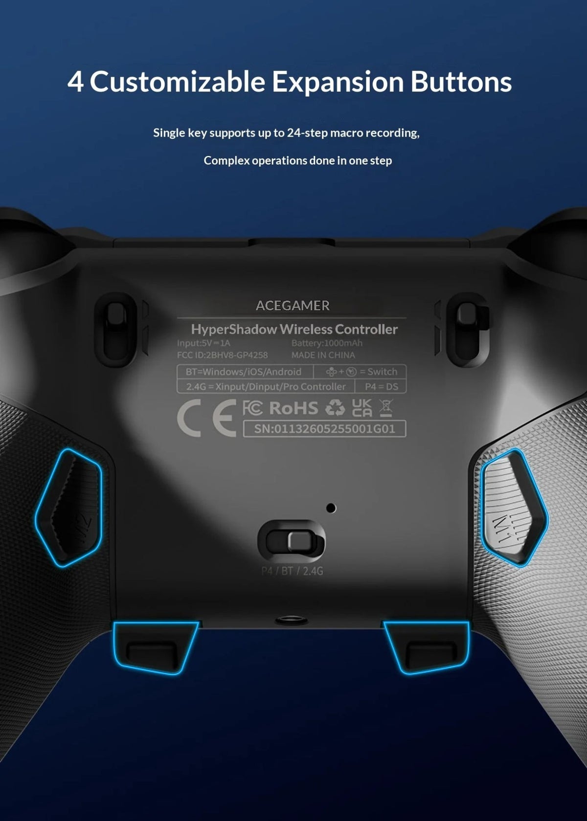 AceGamer Hyper Shadow D4 Gaming Controller Wireless Bluetooth TMR Joystick Customizable Buttons for PS4/Pc/Steam/Switch2 Game