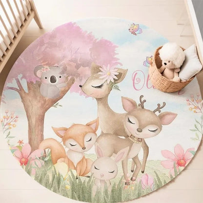 Children's Play Round Floor Mat Cartoon Giraffe Sika Deer Carpet Children's Bedroom Bedside Non Slip Rug Home Decoration
