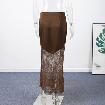 Satin Skirts Women Loose High Waist Patchwork Lace See Through Skirt Female 2025 Chic Solid Sexy Elegant Streetwears