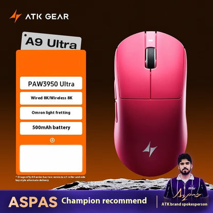 Mouse Gamer Sem Fio ATK A9 Ultra A9/A9 SE/A9 Plus/A9 Pro Tri Mode 8K Mouse Gamer 53g Leve Presente E-sports PC Personalizável