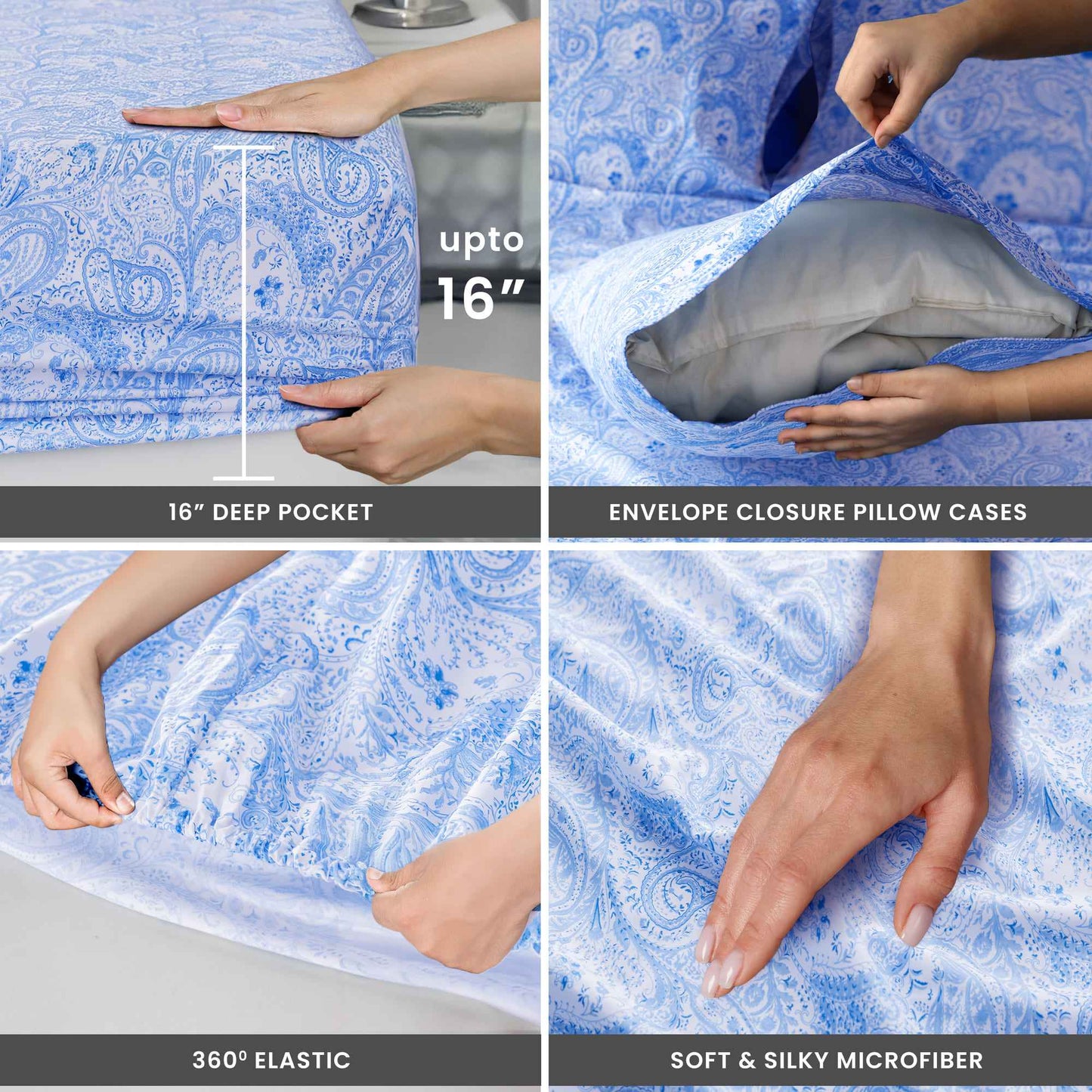 Lux Decor 4-Piece Paisley Bed Sheet Set – Soft Brushed Microfiber Sheets with 16" Deep Pockets – Wrinkle-Resistant Bedding